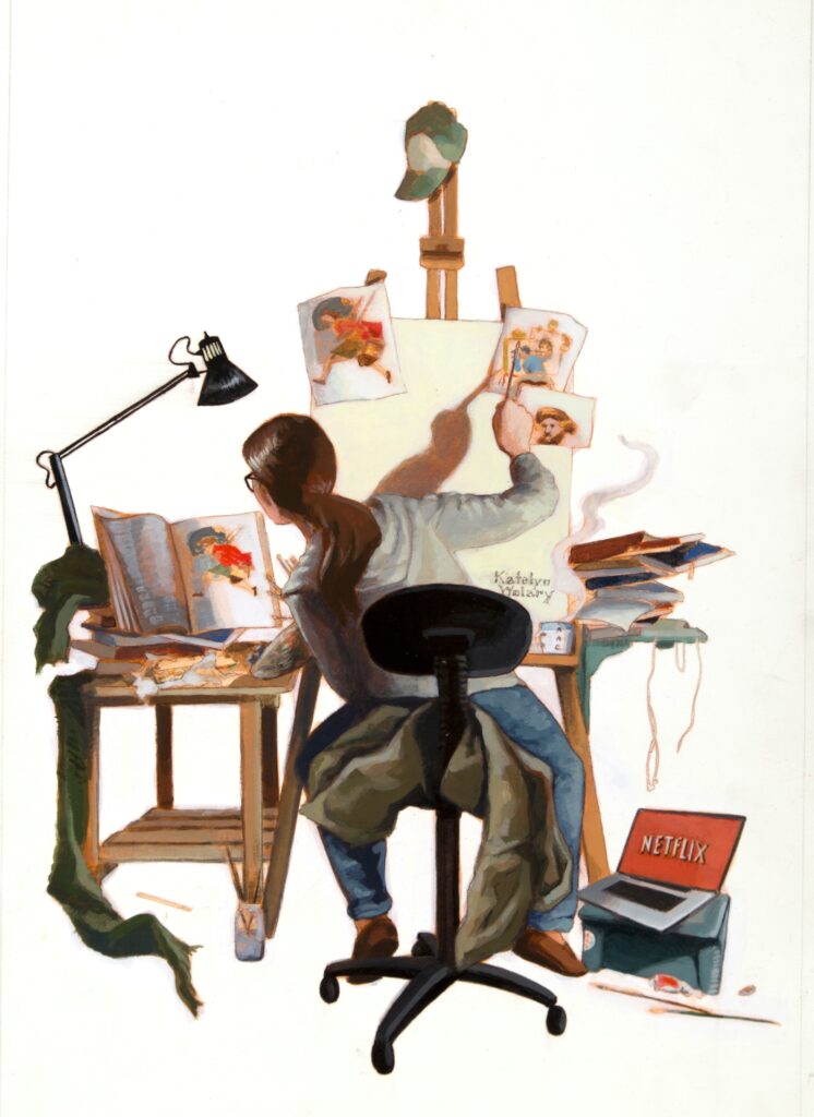 norman rockwell styled illustration of person painting at easel