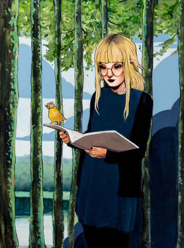 illustration of blonde girl in glasses reading book with bird on it