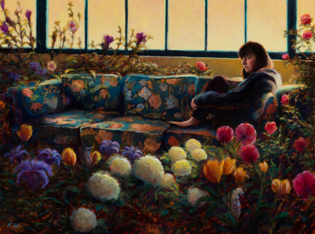 illustration painting of woman on floral sofa with flowers growing around it