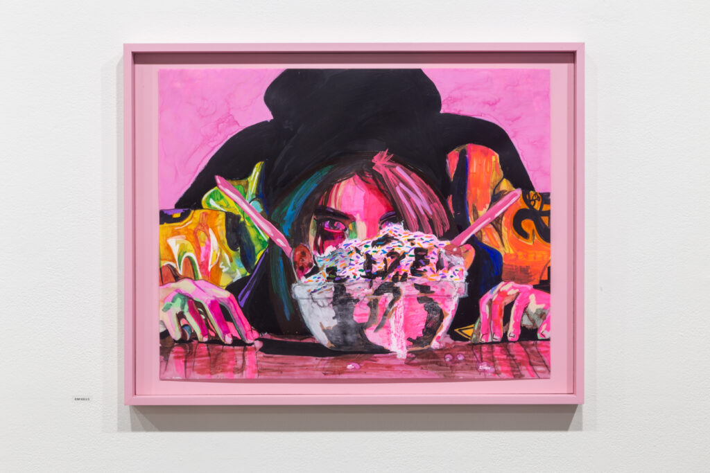 pink painting of figure laying down looking towards viewer