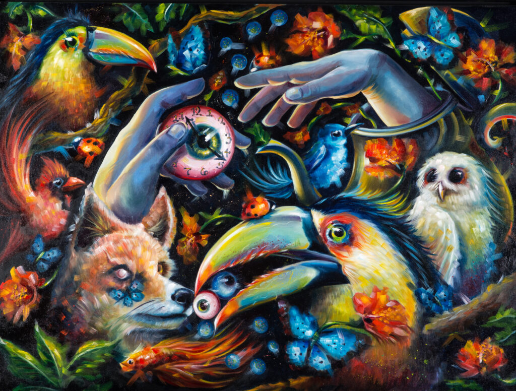 colorful painting of two hands with eyeball clock, fox, and birds