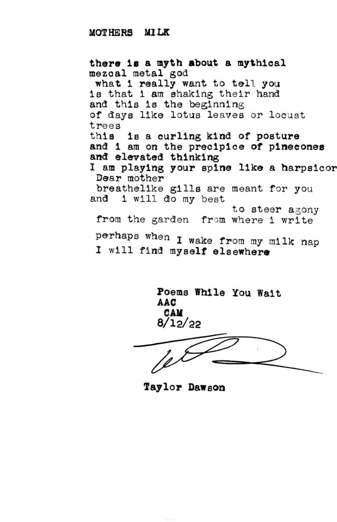 black and white typewritten poem titled Mothers Milk