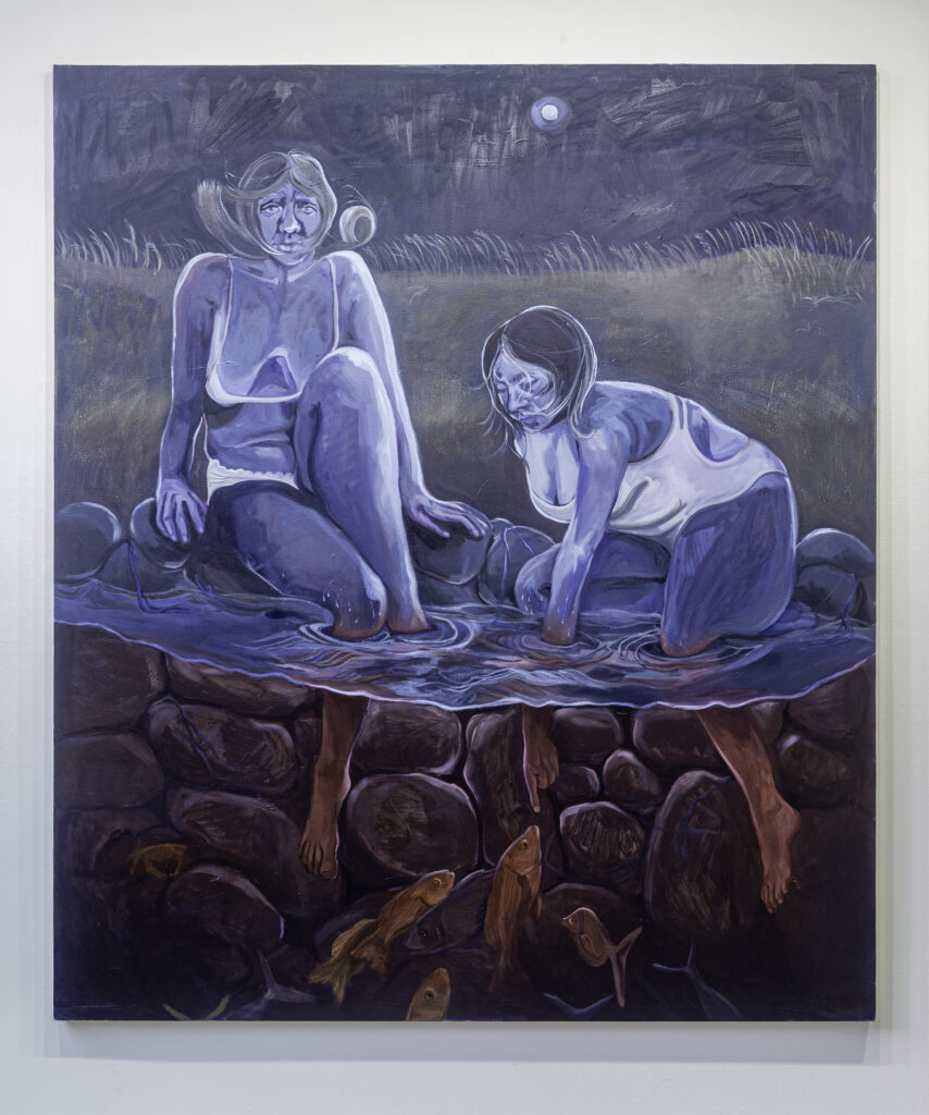 vertical painting in cool and warm tones, showing two girls dangling their feet in the water with fish.