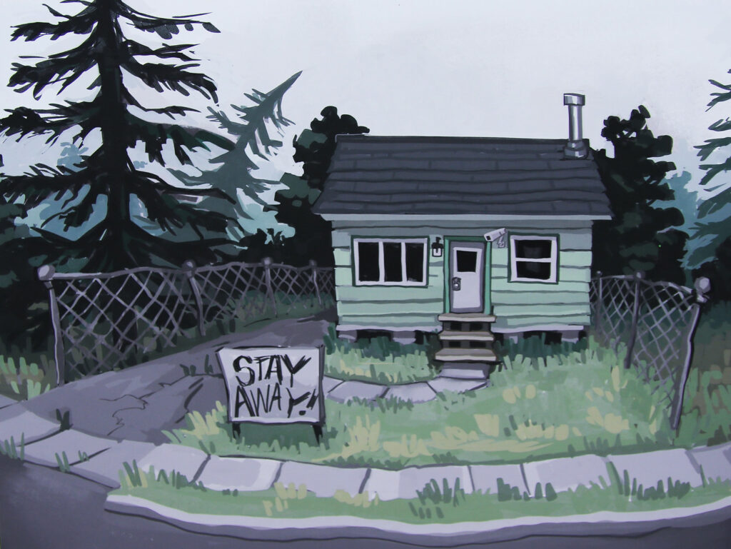 A digital illustration of a house with a "stay away" sign in front of it