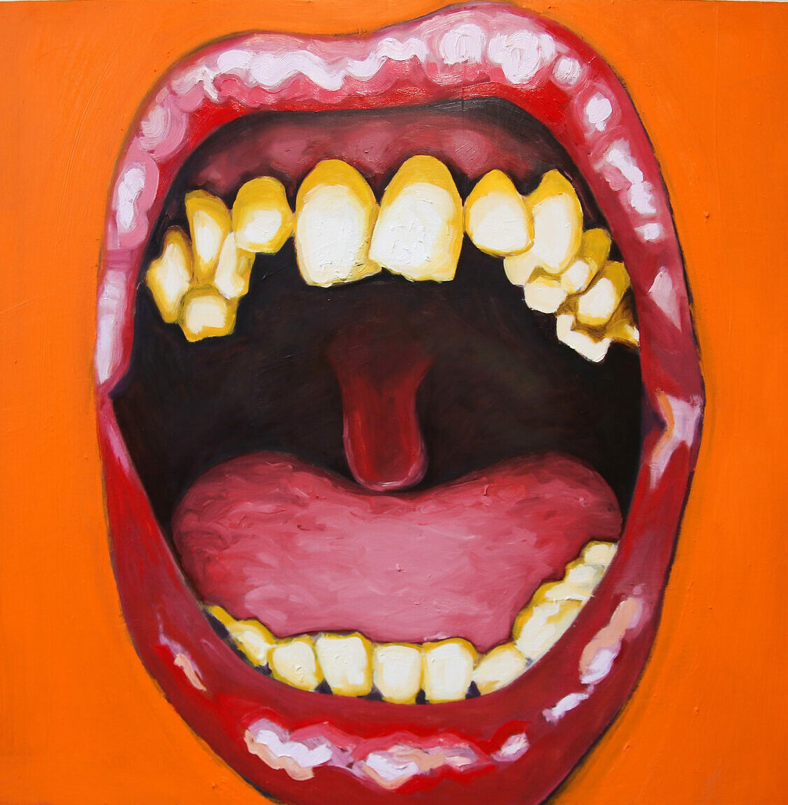 A painting of an open mouth on an orange background