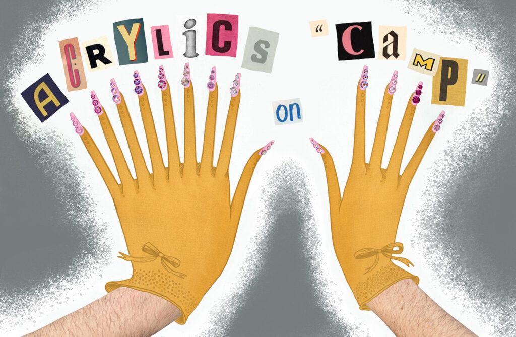 A promotional image for "Acrylics on CAMP," featuring gloved hands with acrylic nails on them