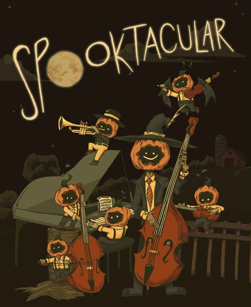 A digital illustration of several pumpkin-headed figures playing in a jazz band