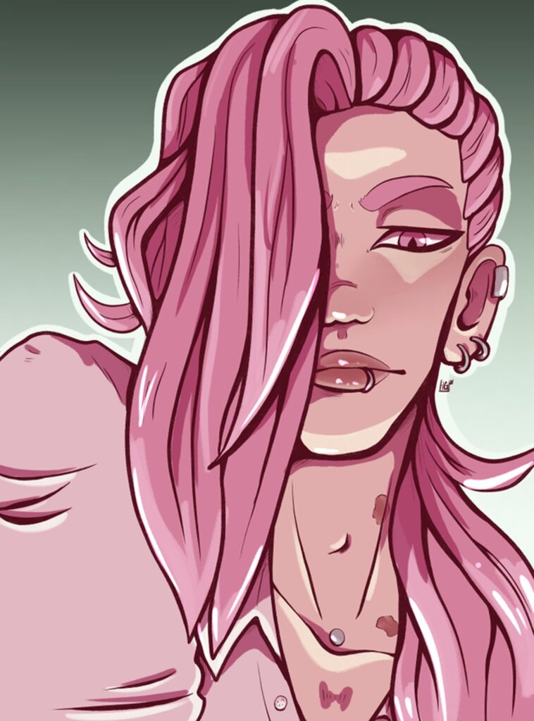 A digital illustration of an androgynous figure with long pink hair, pink eyes, and several piercings