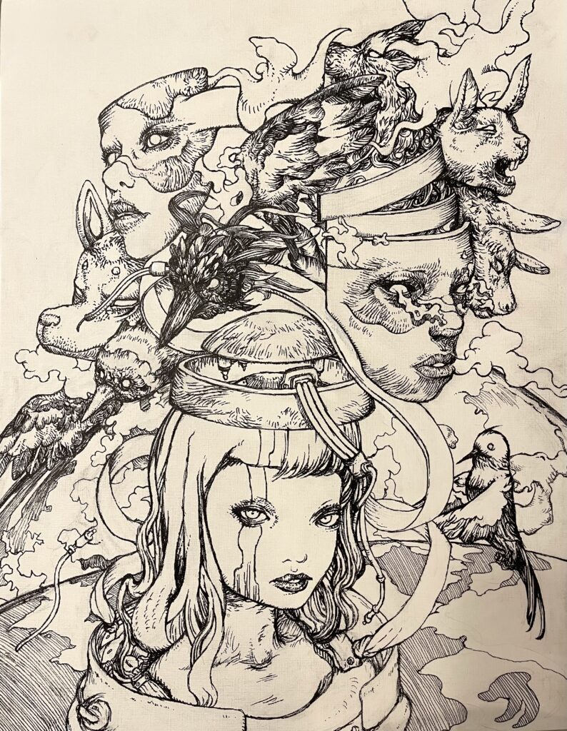 An abstract illustration of many layered faces and masks