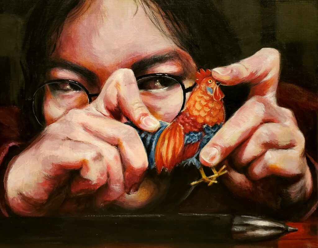 A painting of a young person holding a small rooster figurine