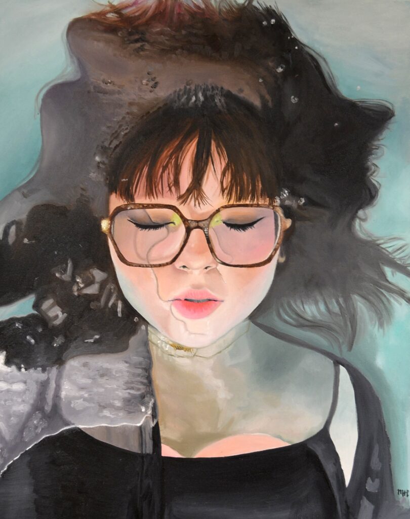 A painting of a long-haired feminine figure with glasses partially submerged in water; their eyes are closed.