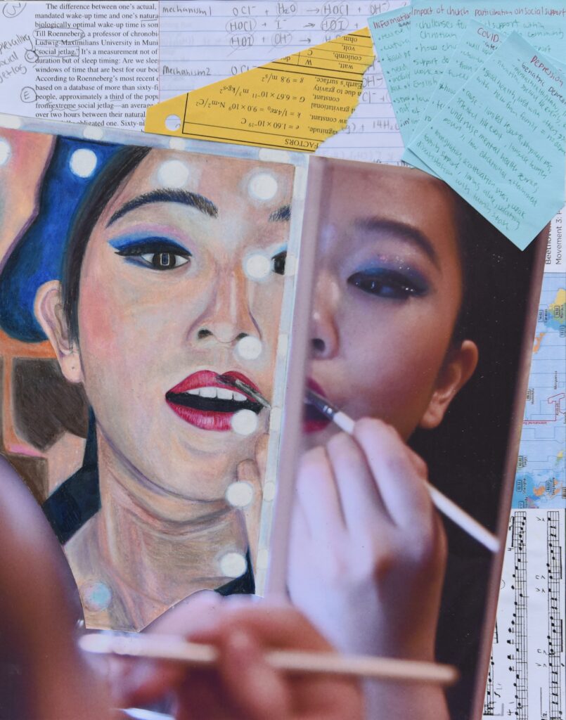 A mixed media piece consisting of paper scraps, charcoal illustration, and photography depicting the subject applying their makeup in a mirror.