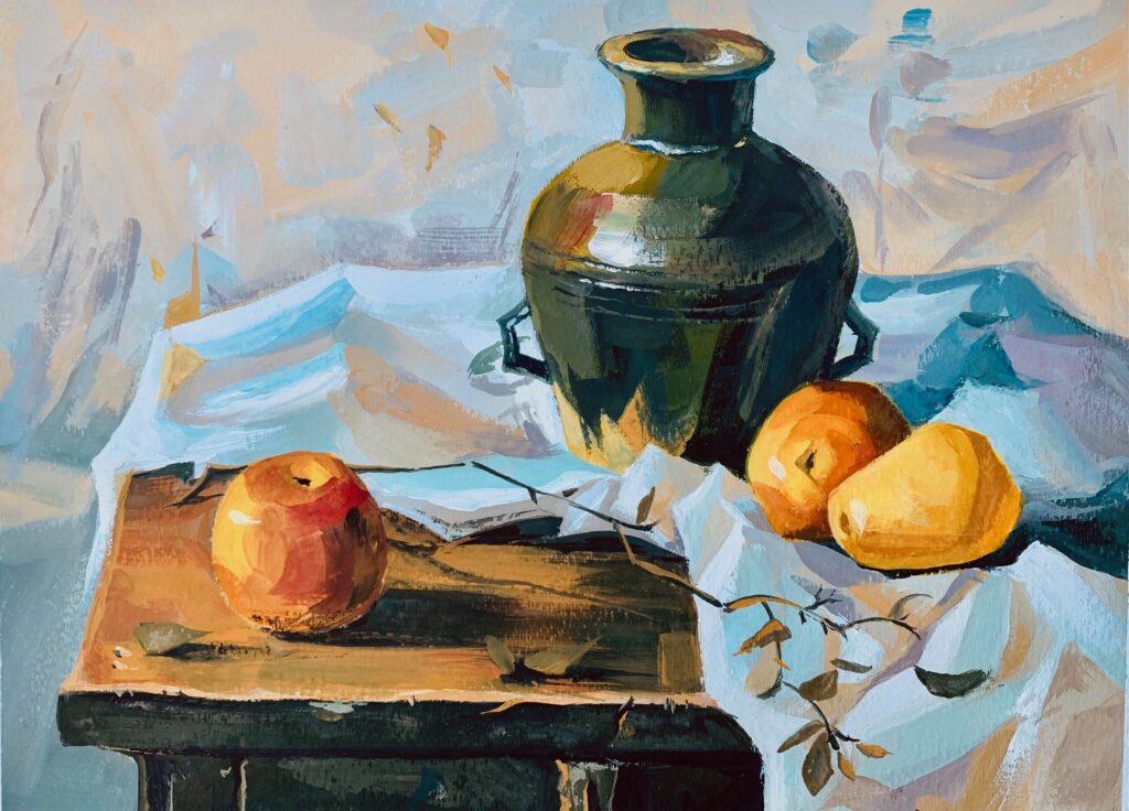 A painting of three fruits and a green pot.