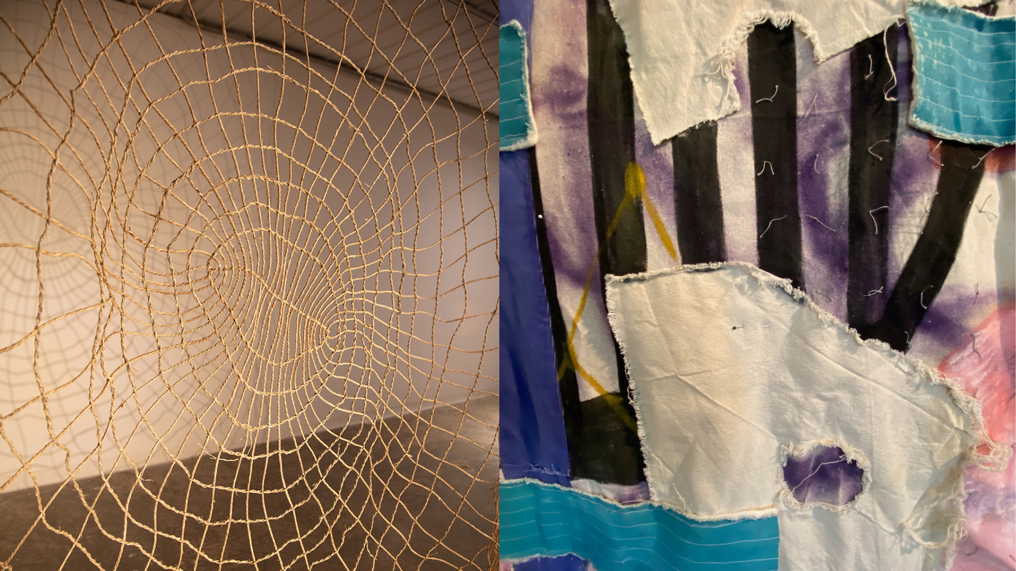 Two works of art side by side. The artwork on the left is a spiderweb of woven basketry. The artwork on the right include multicolored fabric pieces stitched together