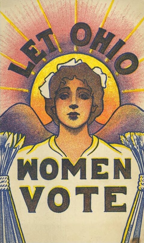 A poster depicting an angelic figure and the words "Let Ohio Women Vote"