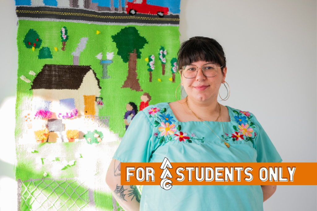 A photo of Meli Bandera in front of artwork, with a superimposed banner that says "for students only"