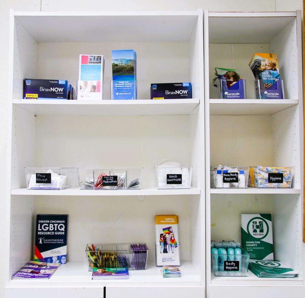 personal health items on white shelves